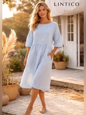 lintico linen dress 100% Linen V-neck Bell Pocket Midi Dress EVELINA – LINTICO
